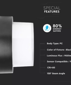 LED αδιάβροχη απλίκα 12W IP65 3000K Θερμό λευκό Μαύρο σώμα στρογγυλή V-TAC – 8541