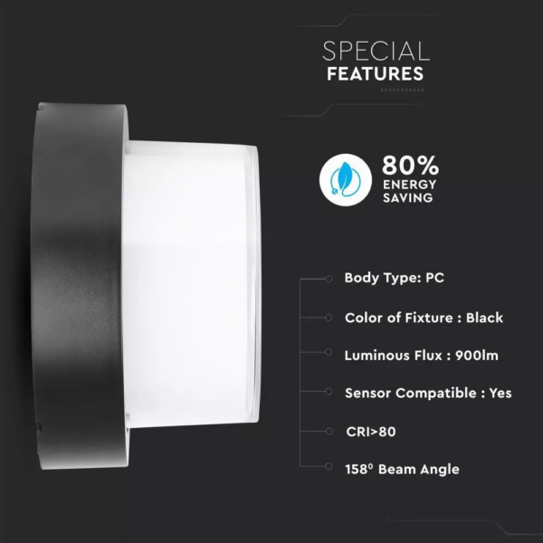 LED αδιάβροχη απλίκα 12W IP65 3000K Θερμό λευκό Μαύρο σώμα στρογγυλή V-TAC – 8541