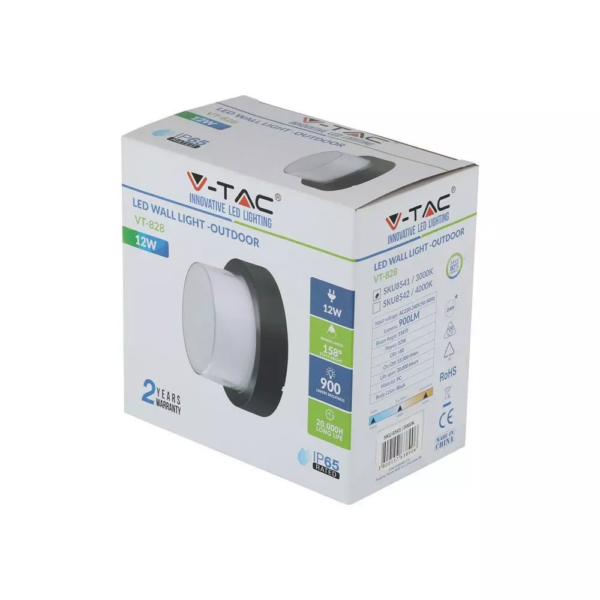LED αδιάβροχη απλίκα 12W IP65 3000K Θερμό λευκό Μαύρο σώμα στρογγυλή V-TAC – 8541