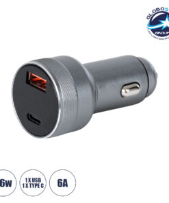 GloboStar® 85434 Φορτιστής Αναπτήρα Αυτοκινήτου Γρήγορης Φόρτισης PD 36W 6A με 1 Θύρα USB και 1 Θύρα Type-C Ασημί Νίκελ