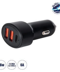 GloboStar® 85436 Φορτιστής Αναπτήρα Αυτοκινήτου Γρήγορης Φόρτισης PD 36W 6A με 2 Θύρες USB και 1 Θύρα Type-C Μαύρο