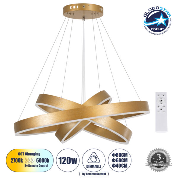 GloboStar® VENOM TRIO 61190-DECO Κρεμαστό Φωτιστικό Δαχτυλίδι-Κύκλος LED CCT 120W 14158lm 120° AC 220-240V - Εναλλαγή Φωτισμού μέσω Τηλεχειριστηρίου All In One Ψυχρό 6000K+Φυσικό 4500K+Θερμό 2700K Dimmable Φ40+60+80cm - Χρυσό Βούρτσας - 3 Years Warranty