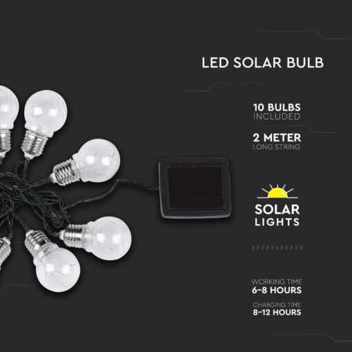 Γιρλάντα Κήπου Led Ηλιακή 10 Λάμπες IP44 3000K Μαύρου Χρώματος V-TAC – 8559