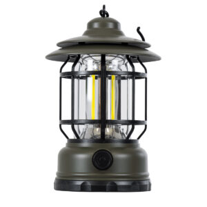 GloboStar® 85693 Αυτόνομο Επαναφορτιζόμενο Φανάρι Camping LED 5W USB 2.0 με Επαναφορτιζόμενη Μπαταρία 1 x 18650 2000mAh Li-ion – IP20 – Dimmable – Πράσινο Χακί με Διάφανο Γυαλί – Θερμό Λευκό 3000K Φ12 x Υ17cm