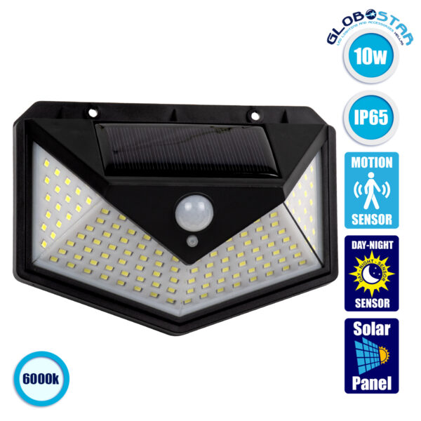 GloboStar® 85714 Αυτόνομο Ηλιακό Φωτιστικό LED SMD 10W 1000lm με Ενσωματωμένη Μπαταρία 1200mAh - Φωτοβολταϊκό Πάνελ με Αισθητήρα Ημέρας-Νύχτας και PIR Αισθητήρα Κίνησης Αδιάβροχο IP65 Ψυχρό Λευκό 6000K