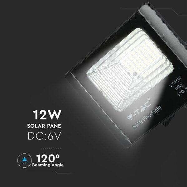 LED Προβολέας με Φ/Β Πανελ 12W Μαύρος V-TAC IP65 5000mAh DC 3.2V 120° 550lm Φυσικό Λευκό 4000K – 8573