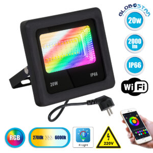 GloboStar® 85815 Προβολέας Εξωτερικός LED SMD 5050 & 2835 20W 2000lm 180° AC 230V WiFi με Ασύρματο Wireless Bluetooth Αδιάβροχος IP66 Πολύχρωμος RGB+CCT Θερμό Λευκό 3000K – Λευκό Ημέρας 4500K – Ψυχρό Λευκό 6000K