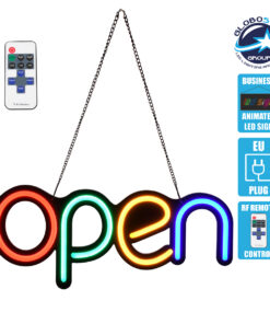 GloboStar® 85856 Φωτιστικό Ταμπέλα Φωτεινή Επιγραφή NEON LED Σήμανσης Animated OPEN 30W AC 230V με Διακόπτη On/Off και Ασύρματο Χειριστήριο IR Κόκκινο – Πράσινο – Κίτρινο – Γαλάζιο