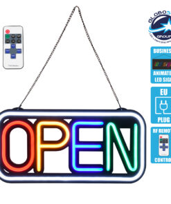 GloboStar® 85857 Φωτιστικό Ταμπέλα Φωτεινή Επιγραφή NEON LED Σήμανσης Animated Square OPEN 30W AC 230V με Διακόπτη On/Off και Ασύρματο Χειριστήριο IR Λευκό – Κόκκινο – Πράσινο – Κίτρινο – Γαλάζιο