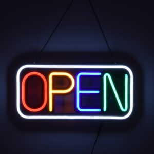 GloboStar® 85857 Φωτιστικό Ταμπέλα Φωτεινή Επιγραφή NEON LED Σήμανσης Animated Square OPEN 30W AC 230V με Διακόπτη On/Off και Ασύρματο Χειριστήριο IR Λευκό – Κόκκινο – Πράσινο – Κίτρινο – Γαλάζιο