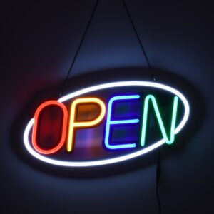 GloboStar® 85858 Φωτιστικό Ταμπέλα Φωτεινή Επιγραφή NEON LED Σήμανσης Animated Ovale OPEN 30W AC 230V με Διακόπτη On/Off και Ασύρματο Χειριστήριο IR Λευκό – Κόκκινο – Πράσινο – Κίτρινο – Γαλάζιο