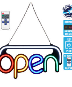 GloboStar® 85859 Φωτιστικό Ταμπέλα Φωτεινή Επιγραφή NEON LED Σήμανσης Animated OPEN 30W AC 230V με Διακόπτη On/Off και Ασύρματο Χειριστήριο IR Λευκό – Κόκκινο – Πράσινο – Κίτρινο – Γαλάζιο