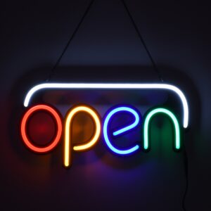 GloboStar® 85859 Φωτιστικό Ταμπέλα Φωτεινή Επιγραφή NEON LED Σήμανσης Animated OPEN 30W AC 230V με Διακόπτη On/Off και Ασύρματο Χειριστήριο IR Λευκό – Κόκκινο – Πράσινο – Κίτρινο – Γαλάζιο