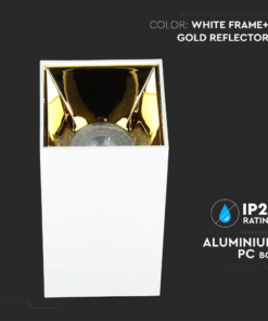 Επιφανειακό φωτιστικό Spot GU10 τετράγωνο με λευκό σώμα και χρυσό ανακλαστήρα V-TAC – 8586