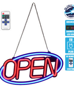GloboStar® 85860 Φωτιστικό Ταμπέλα Φωτεινή Επιγραφή NEON LED Σήμανσης Animated Ovale OPEN 30W AC 230V με Διακόπτη On/Off και Ασύρματο Χειριστήριο IR Μπλε – Κόκκινο