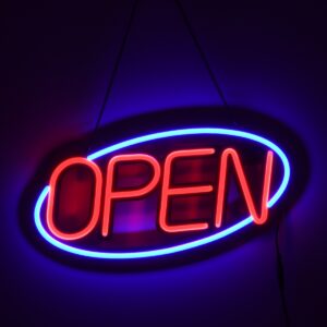 GloboStar® 85860 Φωτιστικό Ταμπέλα Φωτεινή Επιγραφή NEON LED Σήμανσης Animated Ovale OPEN 30W AC 230V με Διακόπτη On/Off και Ασύρματο Χειριστήριο IR Μπλε – Κόκκινο
