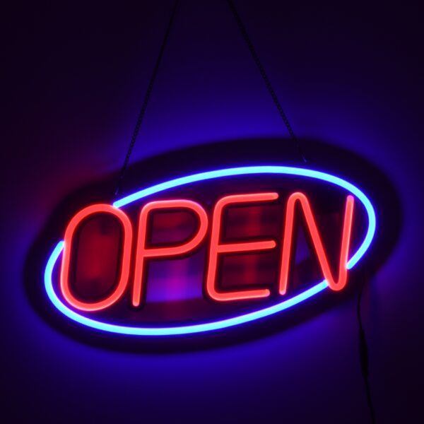 GloboStar® 85860 Φωτιστικό Ταμπέλα Φωτεινή Επιγραφή NEON LED Σήμανσης Animated Ovale OPEN 30W AC 230V με Διακόπτη On/Off και Ασύρματο Χειριστήριο IR Μπλε – Κόκκινο