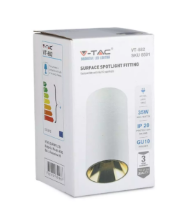 Επιφανειακό φωτιστικό Spot GU10 με κυλινδρικό λευκό σώμα και χρυσό ανακλαστήρα V-TAC – 8591