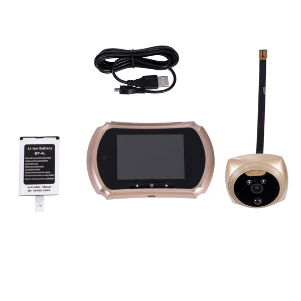 GloboStar® 86066 Επαναφορτιζόμενη Ψηφιακή Έξυπνη Camera Εξώπορτας 90° Μοιρών με Έγχρωμη Οθόνη 3.5″ Inches – USB – Νυχτερινή Όραση με LED IR – Κουδούνι – Χρυσό