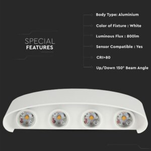 LED Φωτιστικό Τοίχου Up-Down Λευκό 8W V-TAC 150° 800lm IP54 Φυσικό 4000K – 8618