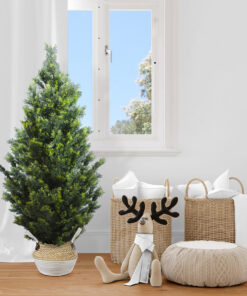 GloboStar® Artificial Garden KIMOLOS 20309 Διακοσμητικό Πλεκτό Καλάθι – Κασπώ Γλάστρα – Flower Pot Μπεζ με Λευκό Φ18cm x Υ21cm