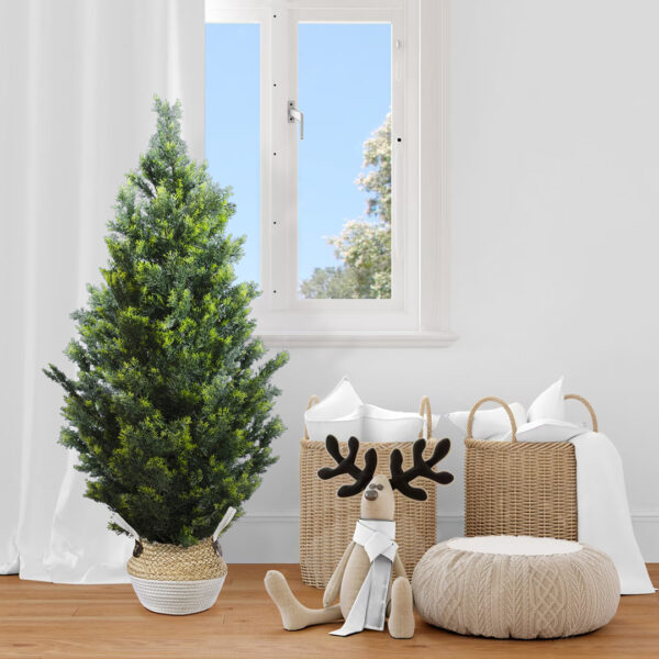 GloboStar® Artificial Garden KIMOLOS 20309 Διακοσμητικό Πλεκτό Καλάθι – Κασπώ Γλάστρα – Flower Pot Μπεζ με Λευκό Φ18cm x Υ21cm