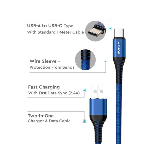 Καλώδιο USB Type C μπλε 1m Gold Series V-TAC – 8633