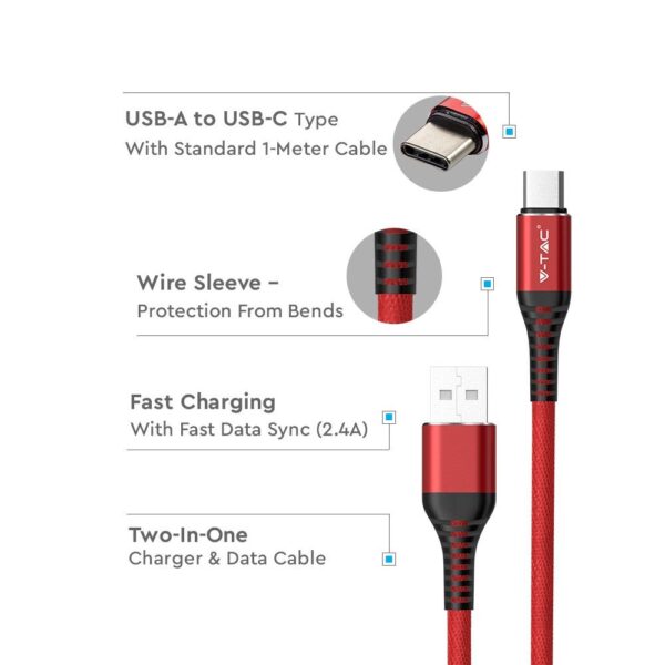 Καλώδιο USB Type C κόκκινο 1m Gold Series V-TAC – 8634