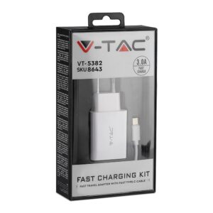 Ταχυφορτιστής ταξιδίου με καλώδιο TYPE-C USB 18W 3.0A Λευκό σώμα V-TAC – 8643