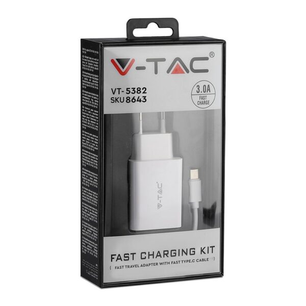 Ταχυφορτιστής ταξιδίου με καλώδιο TYPE-C USB 18W 3.0A Λευκό σώμα V-TAC – 8643