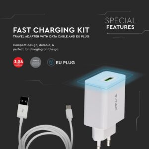 Ταχυφορτιστής ταξιδίου με καλώδιο TYPE-C USB 18W 3.0A Λευκό σώμα V-TAC – 8643