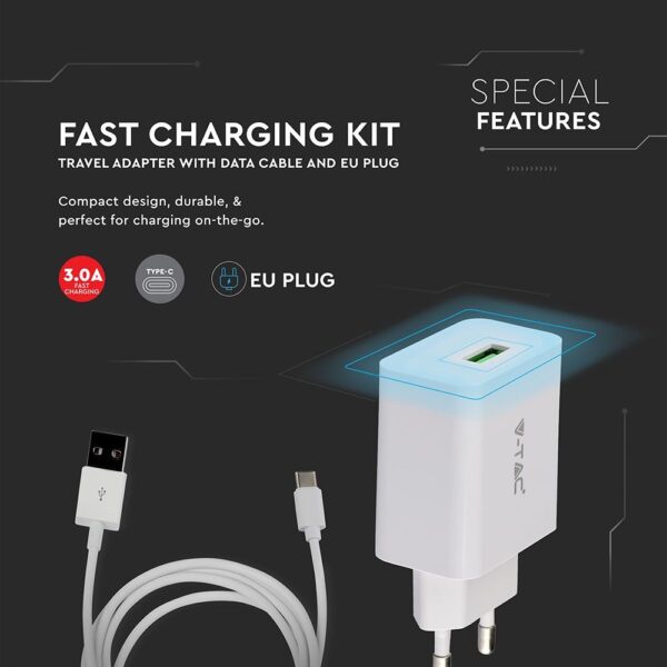 Ταχυφορτιστής ταξιδίου με καλώδιο TYPE-C USB 18W 3.0A Λευκό σώμα V-TAC – 8643