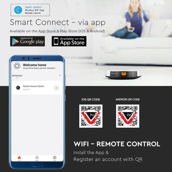Ρομποτική Σκούπα Wi-Fi Smart Home V-TAC Λευκή Συμβατή με Amazon Alexa & Google Home – 8649