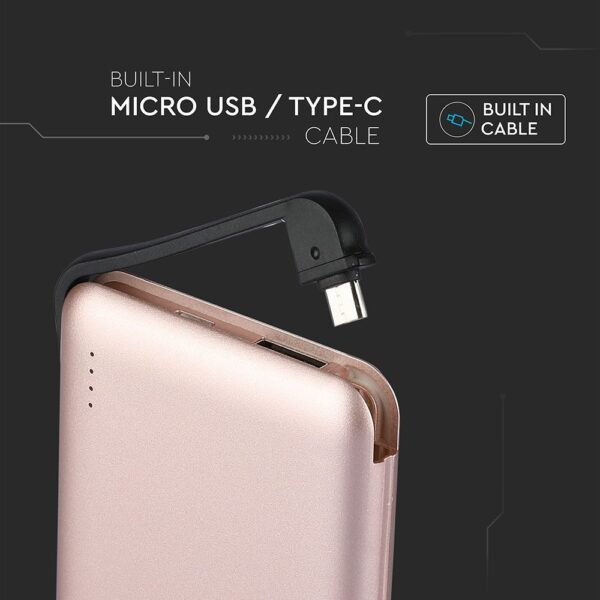 Power Bank 5000mAh Ροζ Χρυσό V-TAC με ενσωματωμένο καλώδιο – 8867