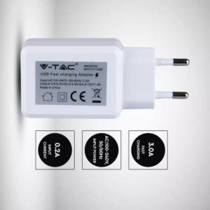Ταχυφορτιστής ταξιδίου USB QC3.0, Λευκό σώμα, σε συσκευασία blister V-TAC – 8793