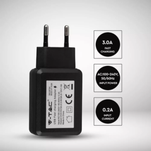 Ταχυφορτιστής ταξιδίου USB QC3.0, Μαύρο σώμα, σε συσκευασία blister V-TAC – 8794