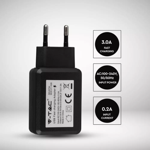 Ταχυφορτιστής ταξιδίου USB QC3.0, Μαύρο σώμα, σε συσκευασία blister V-TAC – 8794
