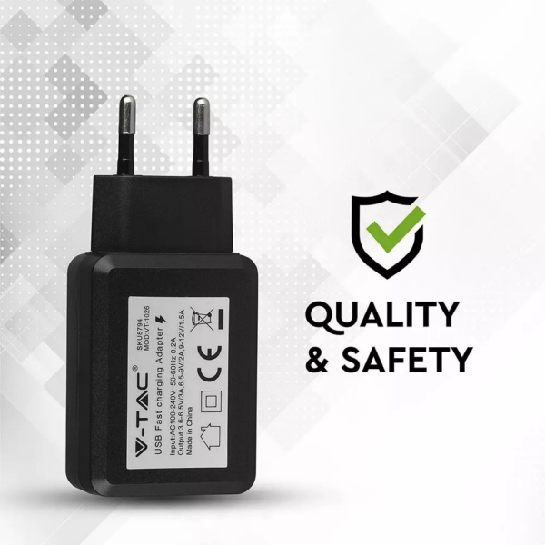 Ταχυφορτιστής ταξιδίου USB QC3.0, Μαύρο σώμα, σε συσκευασία blister V-TAC – 8794