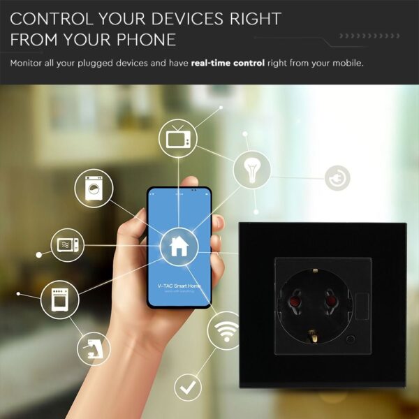 Wi-Fi Πρίζα Σούκο Μαύρη Πλαστικό & Γυαλί Smart Home Συμβατή Με Amazon Alexa & Google Home V-TAC – 8797