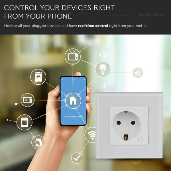 Wi-Fi Πρίζα Σούκο Λευκή Πλαστικό & Γυαλί Smart Home Συμβατή Με Amazon Alexa & Google Home V-TAC – 8798