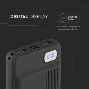 Power Bank 10000mAh με Οθόνη και 2 Θύρες Type-C/Micro USB και 2 Θύρες USB Μαύρο V-TAC – 8850