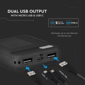 Power Bank 10000mAh με Οθόνη και 2 Θύρες Type-C/Micro USB και 2 Θύρες USB Μαύρο V-TAC – 8850