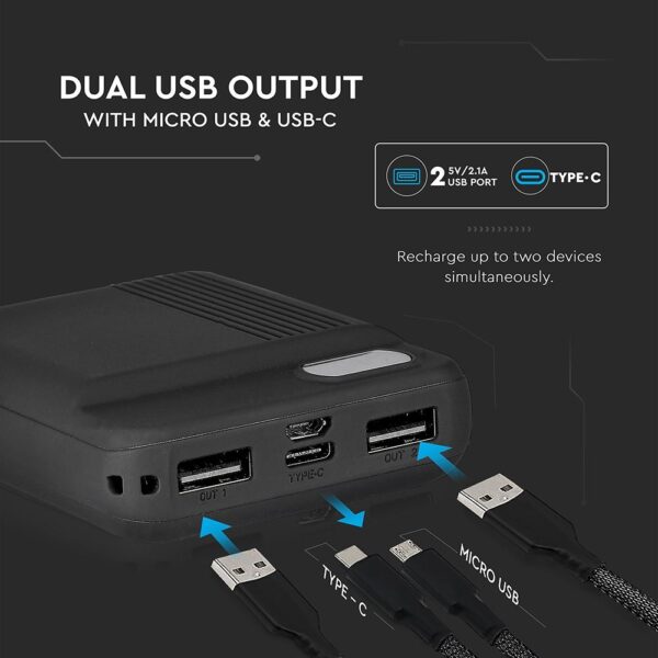 Power Bank 10000mAh με Οθόνη και 2 Θύρες Type-C/Micro USB και 2 Θύρες USB Μαύρο V-TAC – 8850