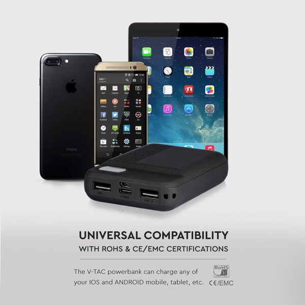 Power Bank 10000mAh με Οθόνη και 2 Θύρες Type-C/Micro USB και 2 Θύρες USB Μαύρο V-TAC – 8850
