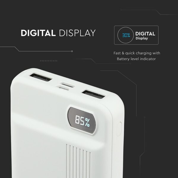 Power Bank 10000mAh με Οθόνη και 2 Θύρες Type-C/Micro USB και 2 Θύρες USB Λευκό V-TAC – 8851
