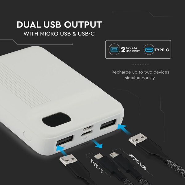 Power Bank 10000mAh με Οθόνη και 2 Θύρες Type-C/Micro USB και 2 Θύρες USB Λευκό V-TAC – 8851