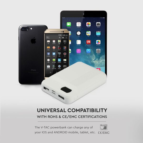 Power Bank 10000mAh με Οθόνη και 2 Θύρες Type-C/Micro USB και 2 Θύρες USB Λευκό V-TAC – 8851