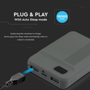 Power Bank 10000mAh με Οθόνη και 2 Θύρες Type-C/Micro USB και 2 Θύρες USB Γκρι V-TAC – 8852