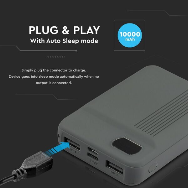 Power Bank 10000mAh με Οθόνη και 2 Θύρες Type-C/Micro USB και 2 Θύρες USB Γκρι V-TAC – 8852