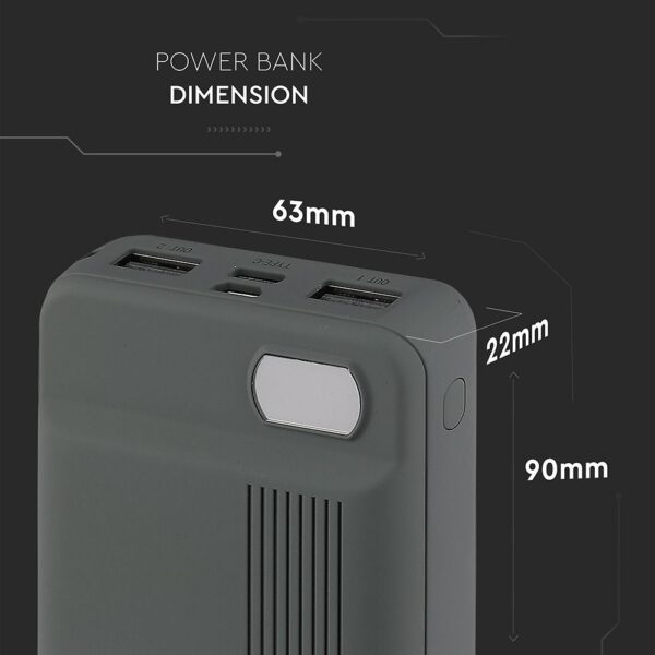 Power Bank 10000mAh με Οθόνη και 2 Θύρες Type-C/Micro USB και 2 Θύρες USB Γκρι V-TAC – 8852